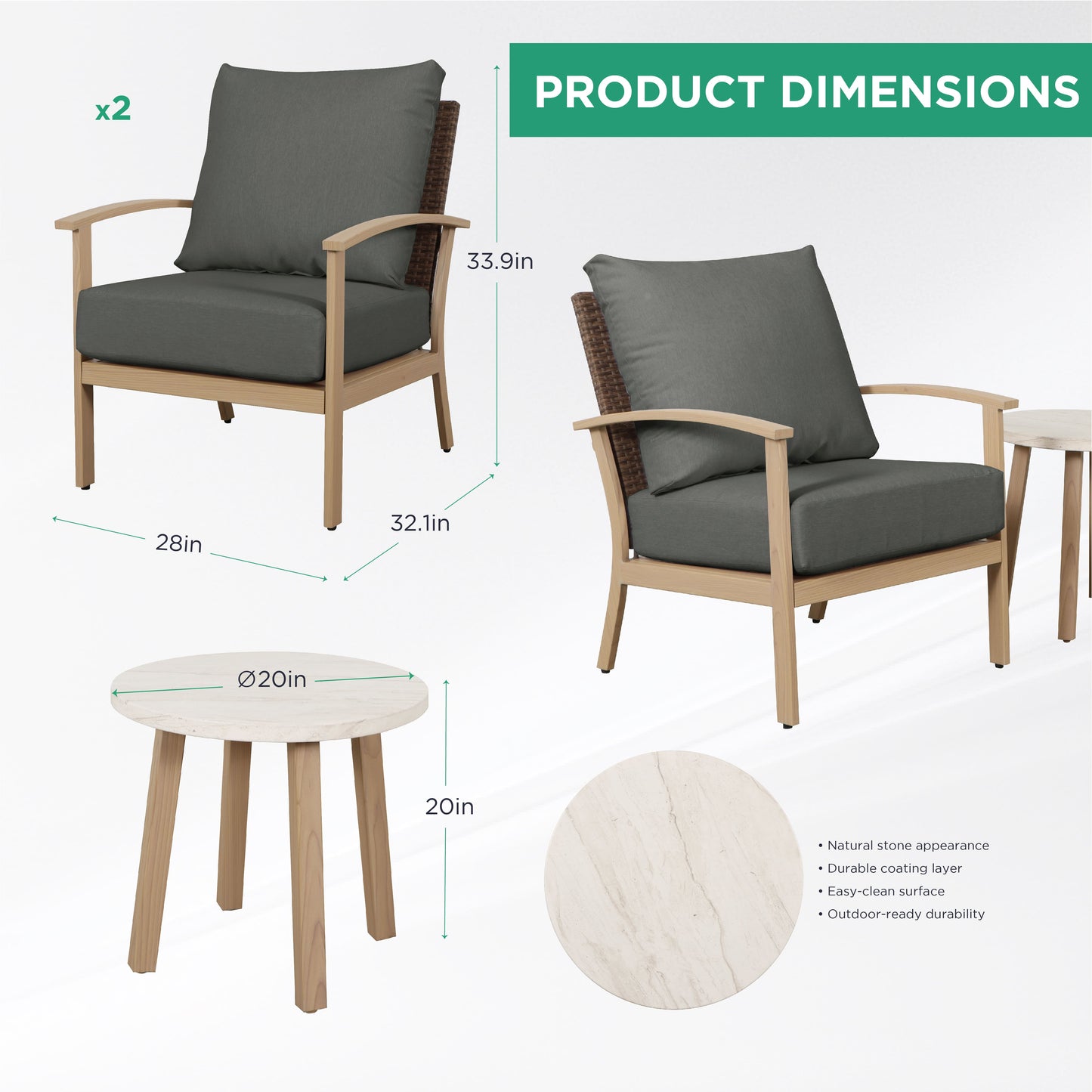 AE Outdoor 3-Piece Patio Bistro Set with 2 Chairs + Coffee Table