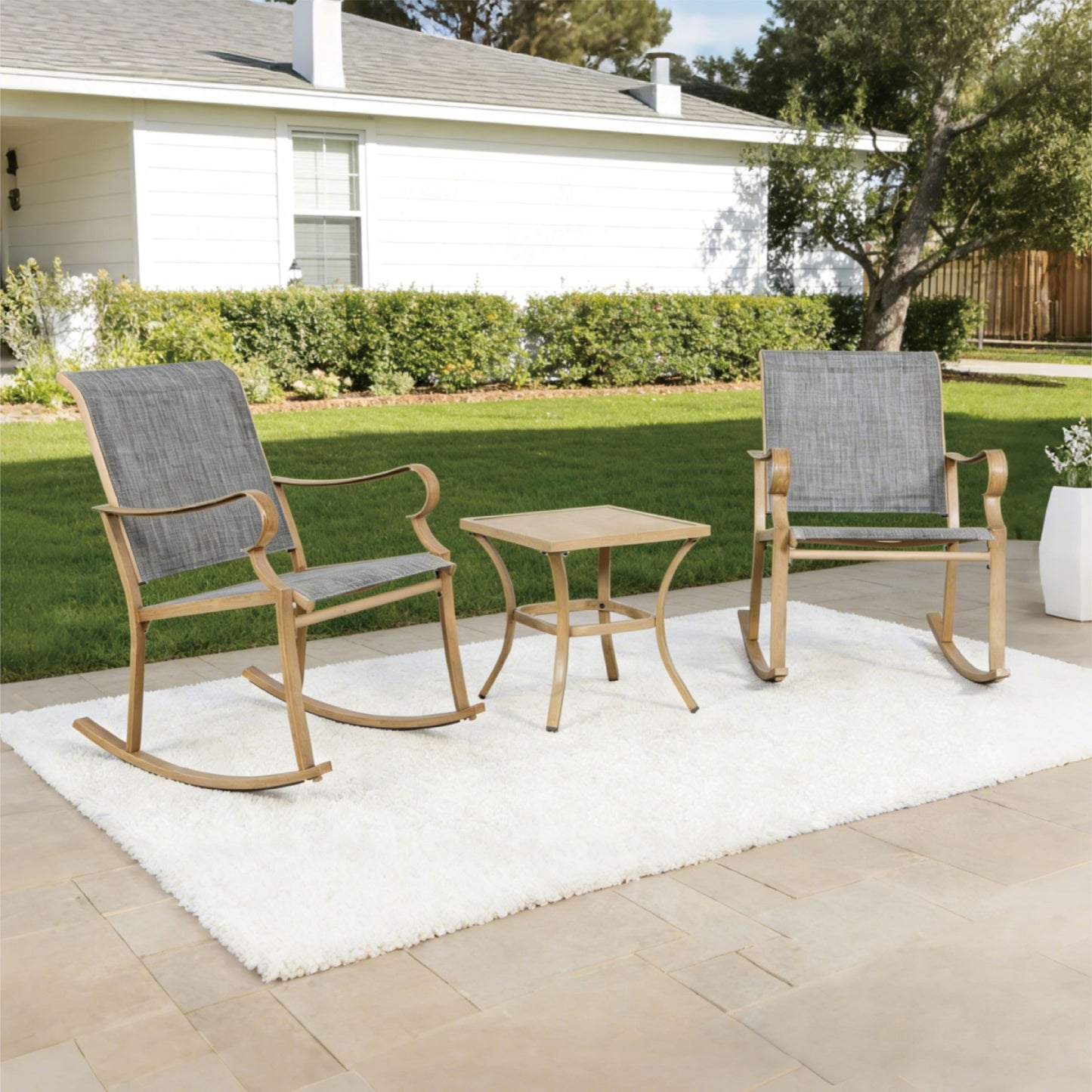 AE Outdoor 3-Piece Rocking Bistro Set with Glass Table | Grey