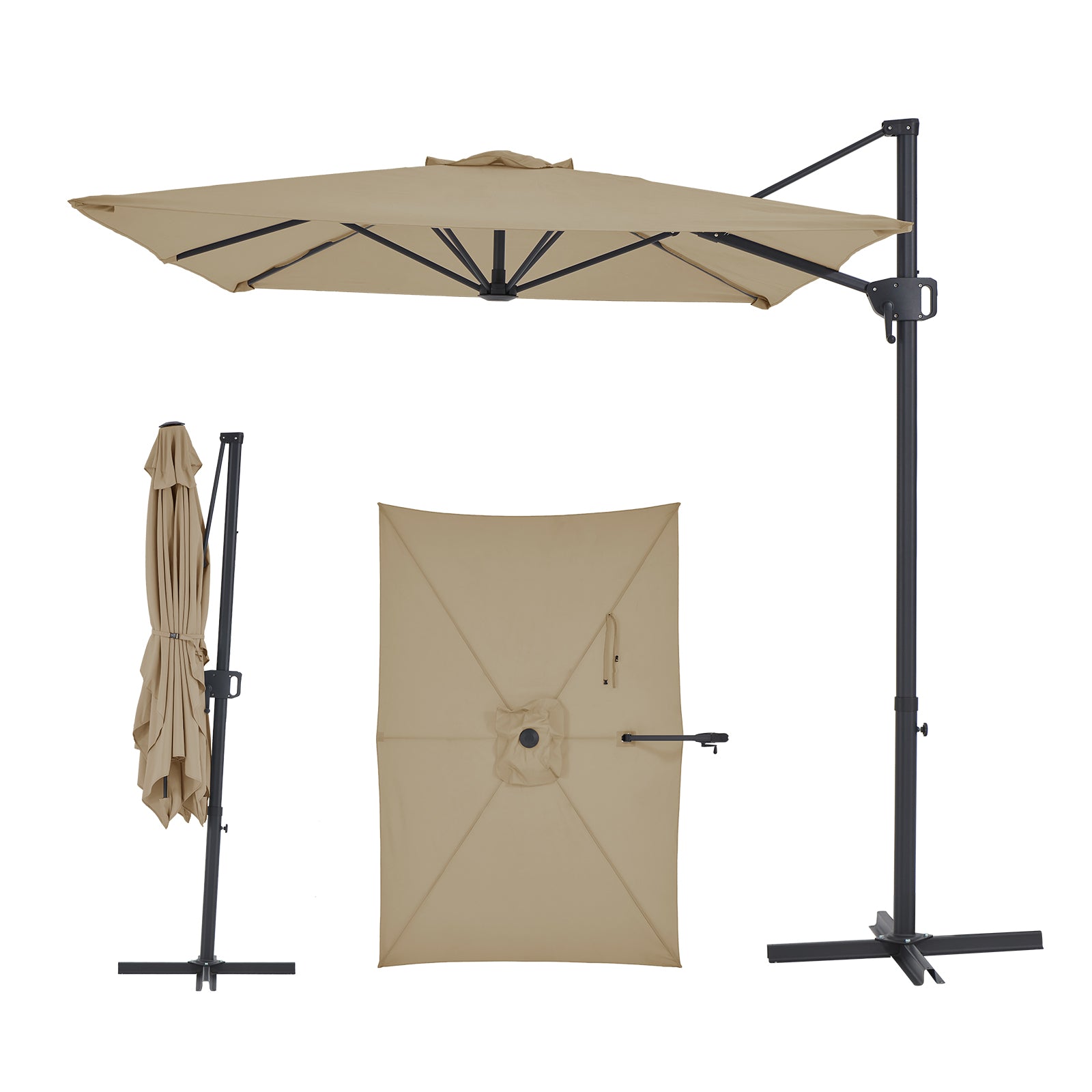 6.5 x 10 FT Offset Cantilever Patio Umbrella Hanging Umbrella with Infinite Tilt UV Fade Resistant Canopy Cross Base for Yard Garden Deck