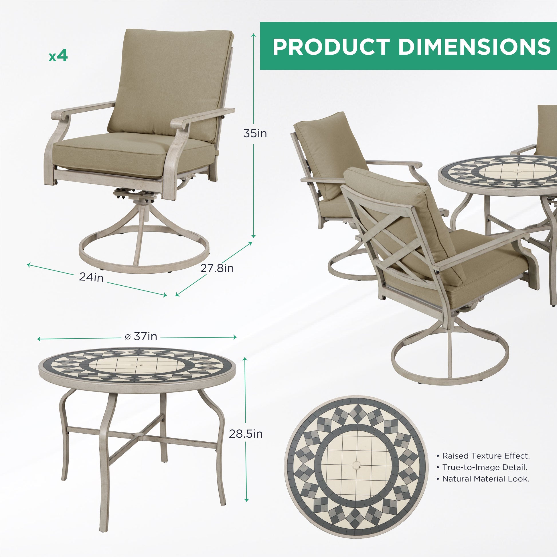 AE Outdoor 5-Piece Patio Dining Set with 4 Swivel Chairs + 3D Textured Table
