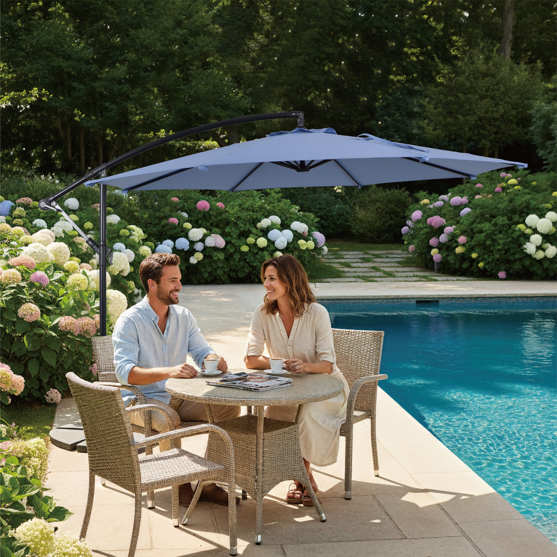 at home offset patio umbrella LAUSAINT 10 Ft Outdoor with 360-degree Rotation Aluminum Umbrella Solar powered offset patio umbrella with 32 bright LED lights and energy ACEGOSES 8.2-ft Steel Blue No-tilt