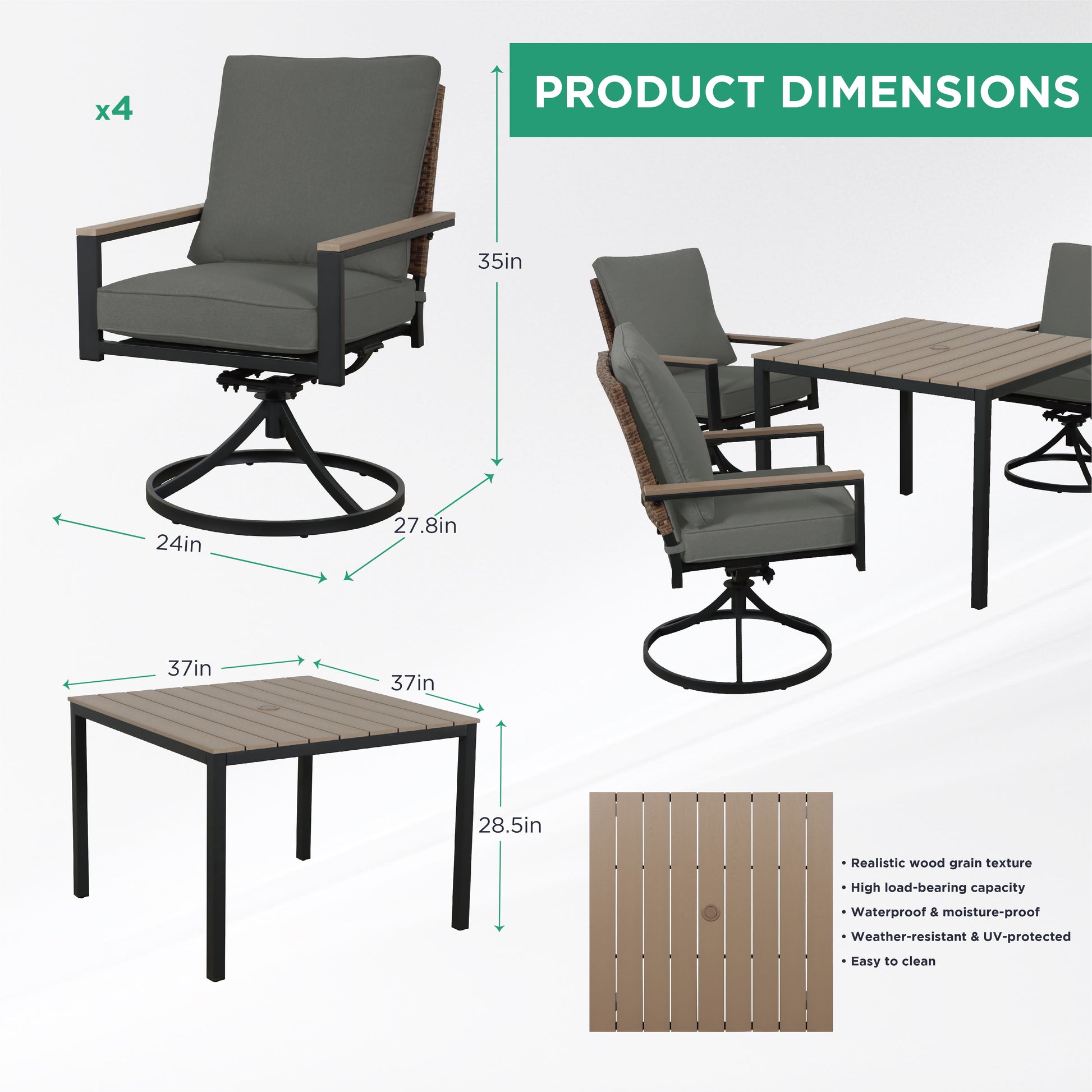 AE Outdoor 5-Piece Patio Dining Set with 4 Swivel Chairs + Square Table