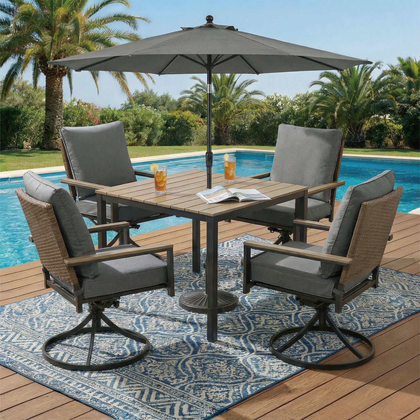 AE Outdoor 5-Piece Patio Dining Set with 4 Swivel Chairs + Square Table