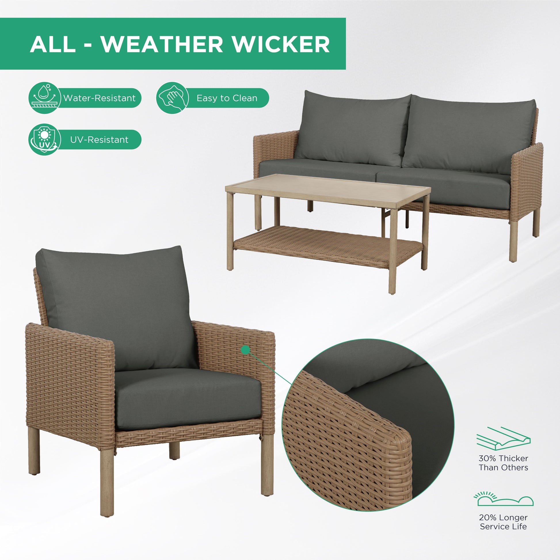 AE Outdoor 4-Piece Wicker Patio Conversation Set with Coffee Table