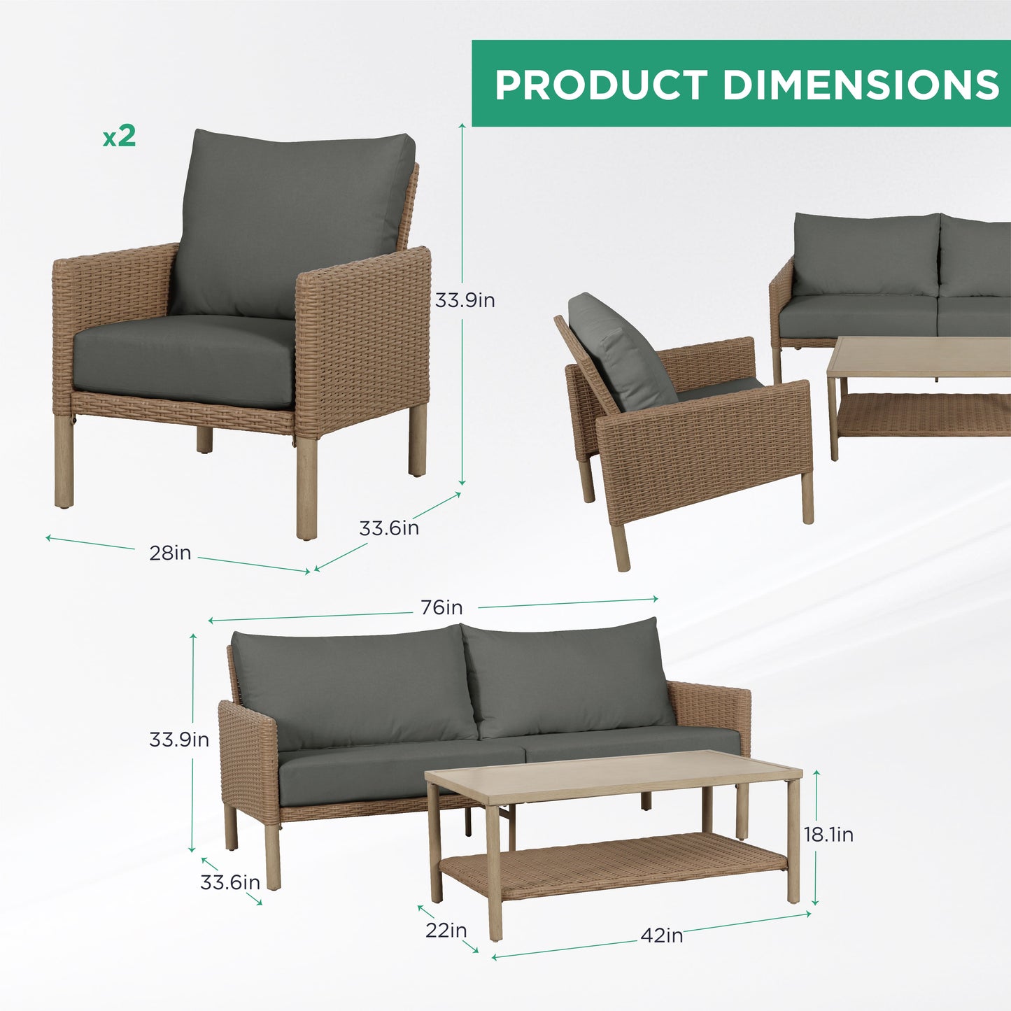 AE Outdoor 4-Piece Wicker Patio Conversation Set with Coffee Table