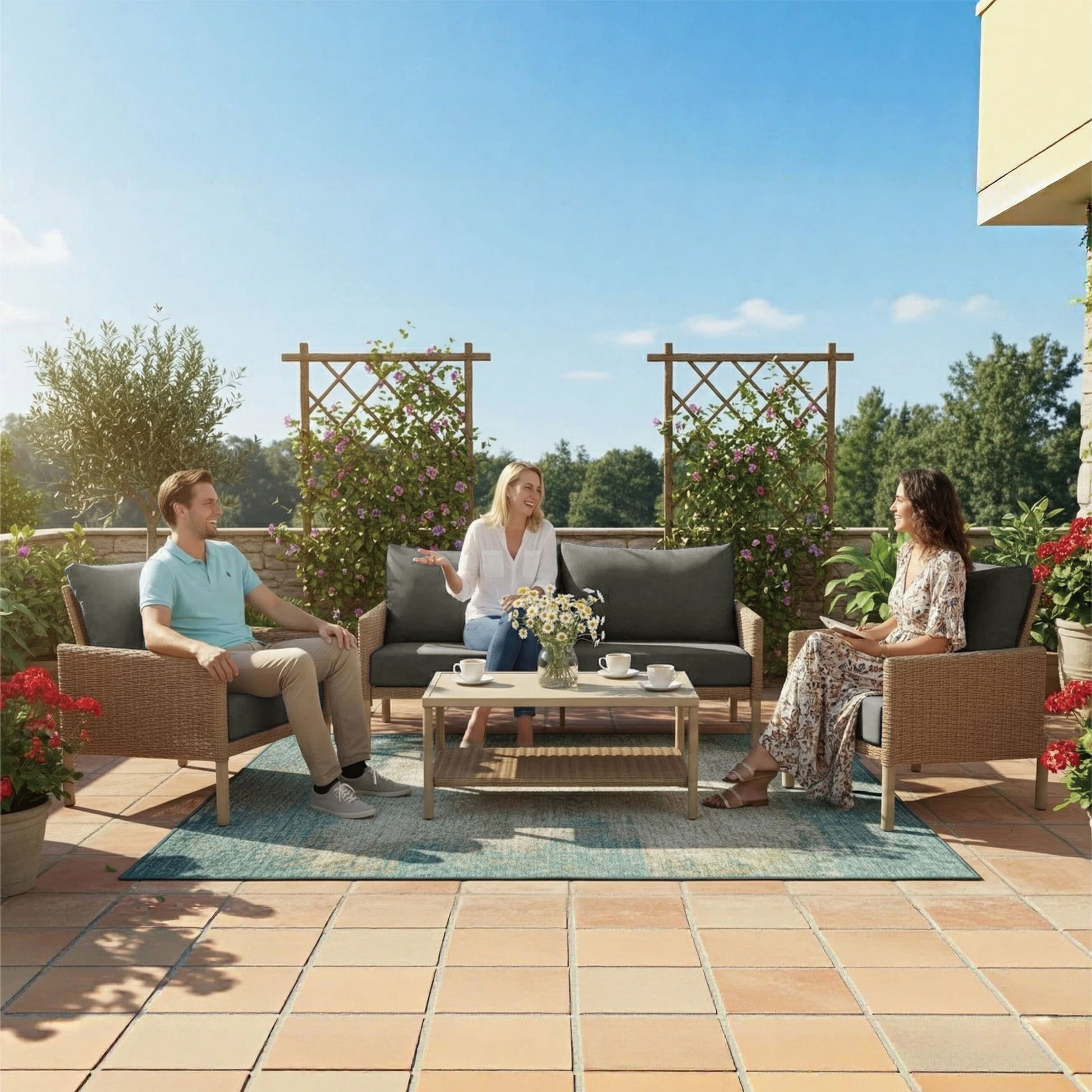 AE Outdoor 4-Piece Wicker Patio Conversation Set with Coffee Table