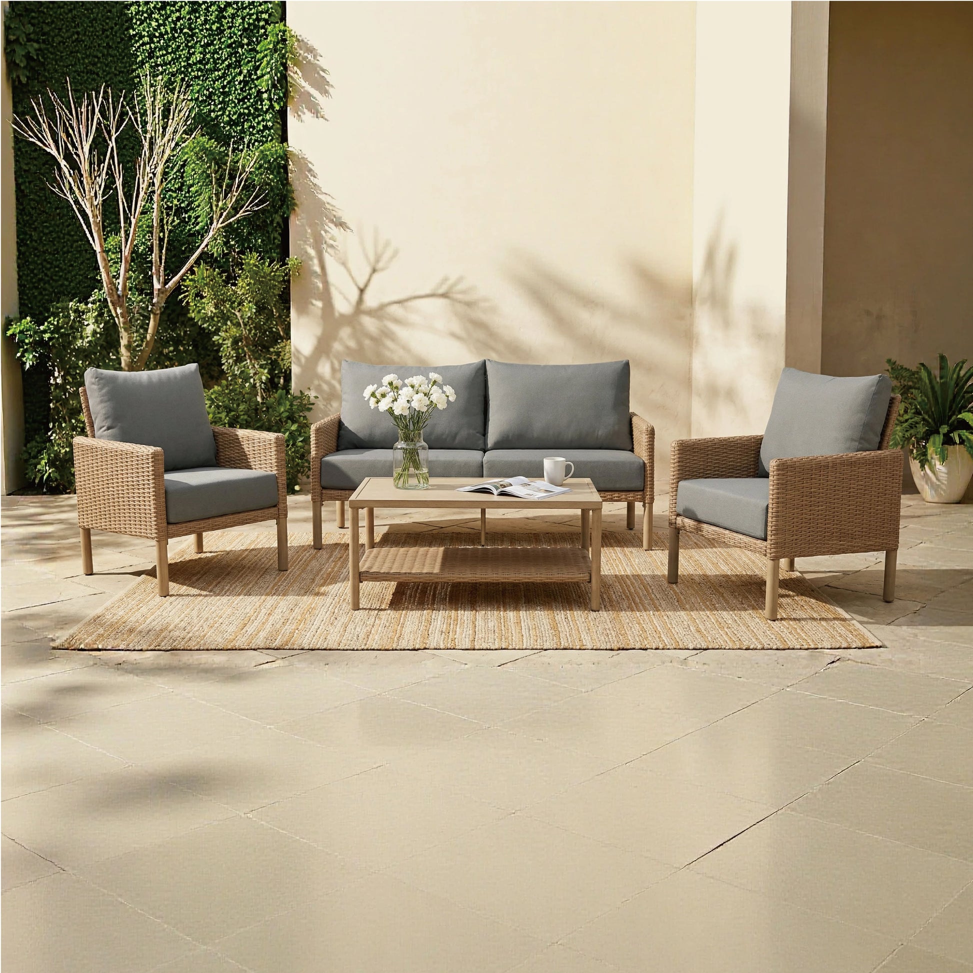 AE Outdoor 4-Piece Wicker Patio Conversation Set with Coffee Table