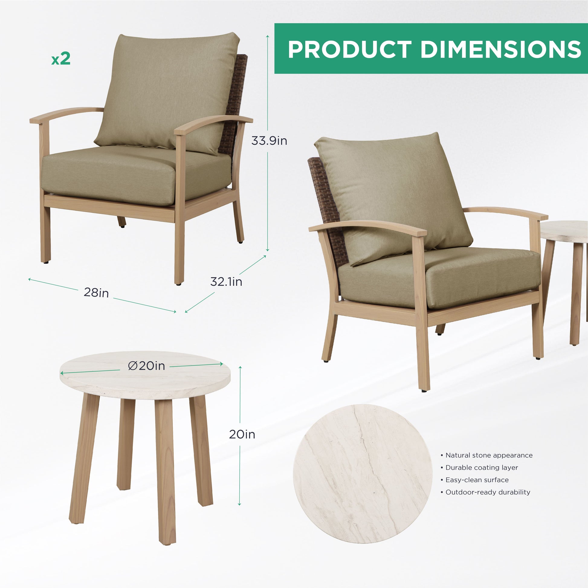 AE Outdoor 3-Piece Patio Bistro Set with 2 Chairs + Coffee Table