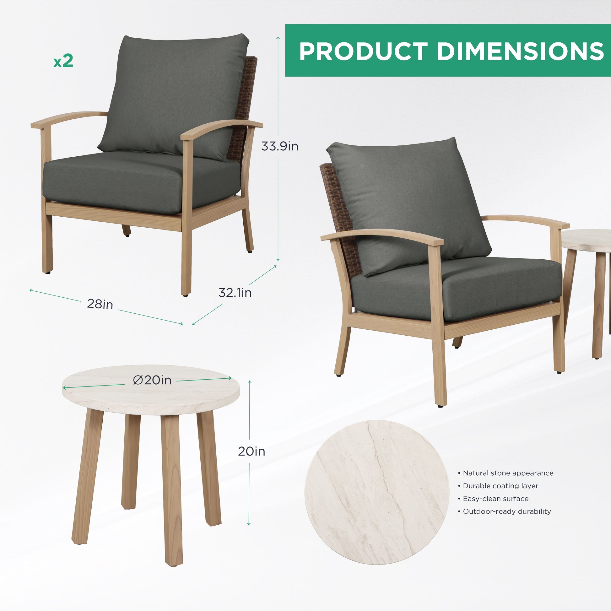AE Outdoor 3-Piece Patio Bistro Set with 2 Chairs + Coffee Table