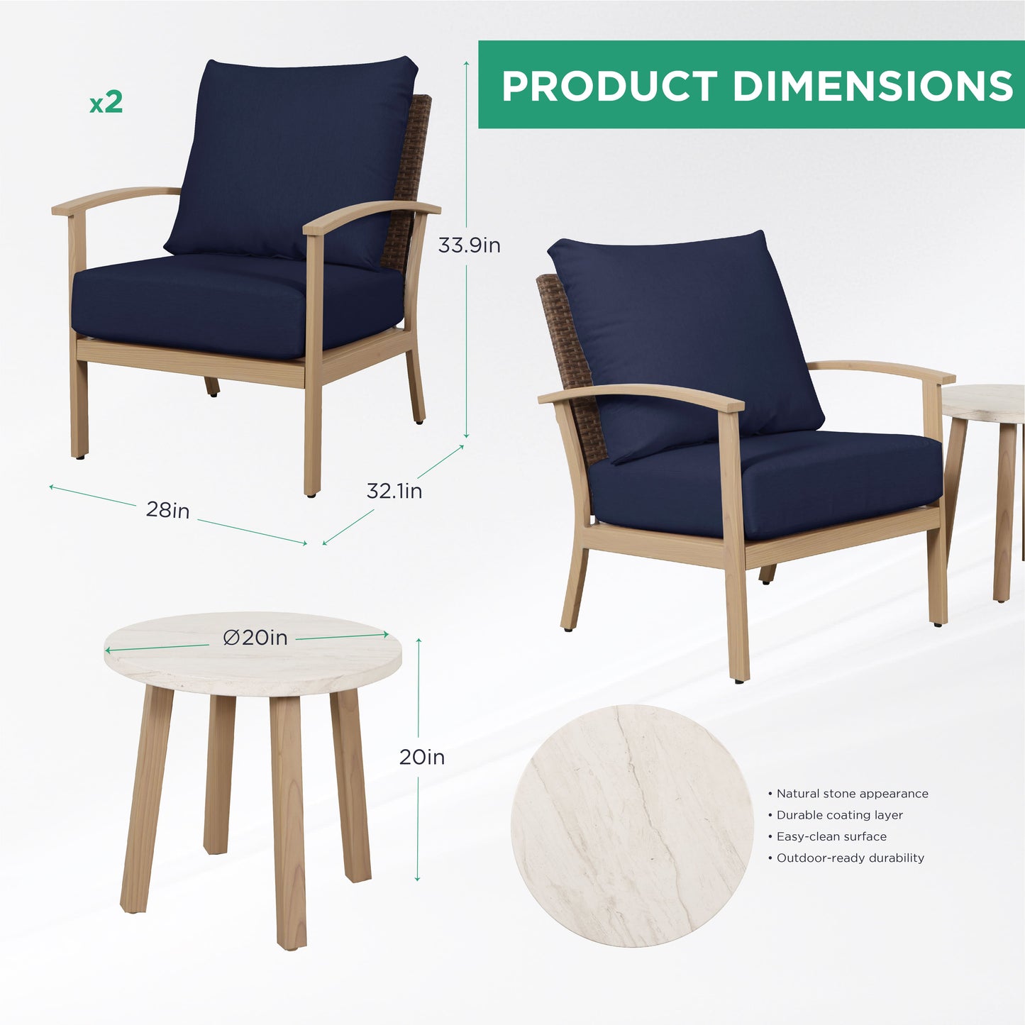 AE Outdoor 3-Piece Patio Bistro Set with 2 Chairs + Coffee Table