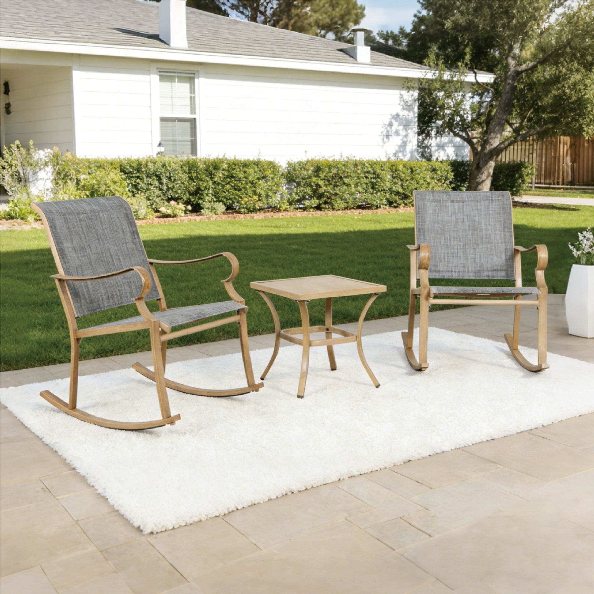 AE Outdoor 3-Piece Rocking Bistro Set with Glass Table | Grey