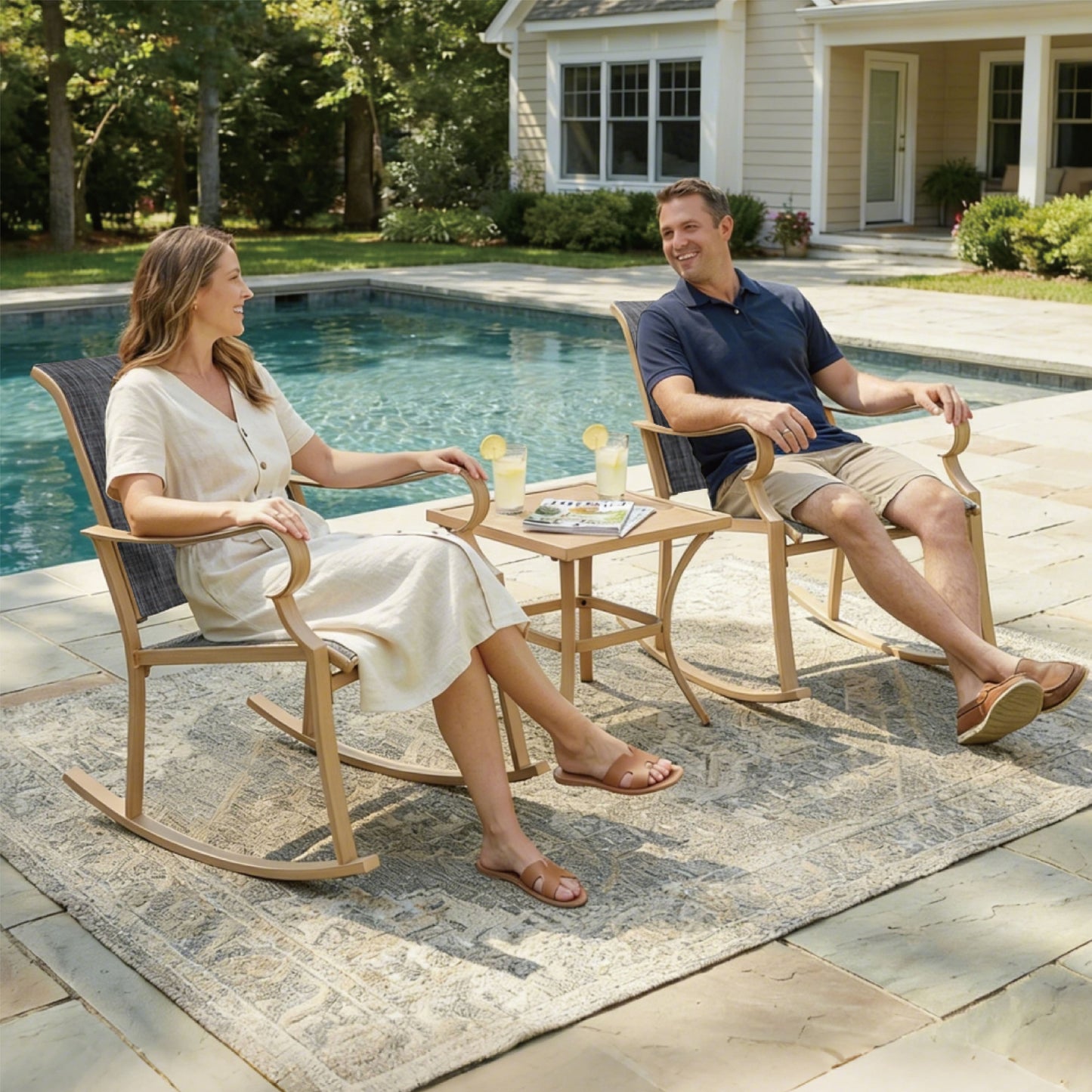 AE Outdoor 3-Piece Rocking Bistro Set with Glass Table | Grey