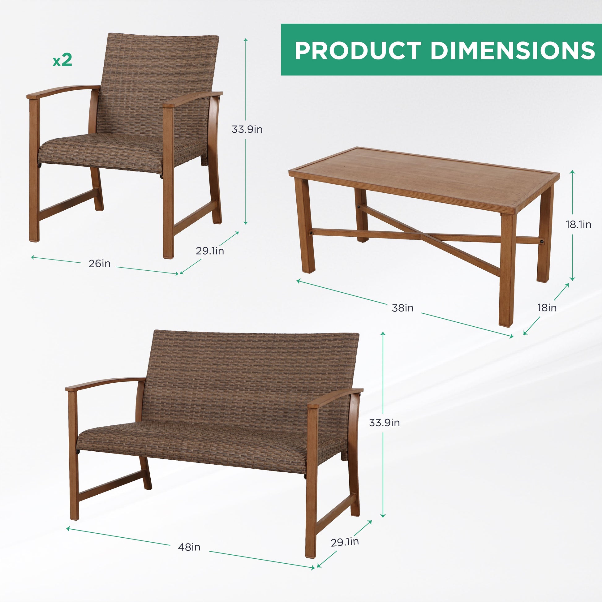 AE Outdoor 4-Piece Wicker Patio Conversation Set with Padded Cushions | Light Grey