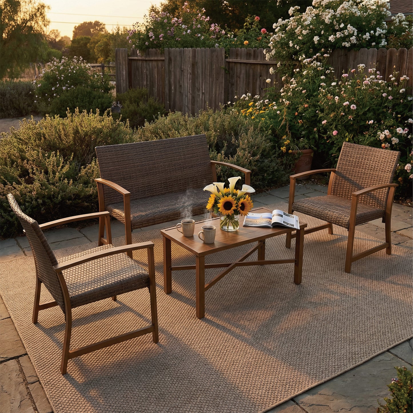 AE Outdoor 4-Piece Wicker Patio Conversation Set with Padded Cushions | Light Grey