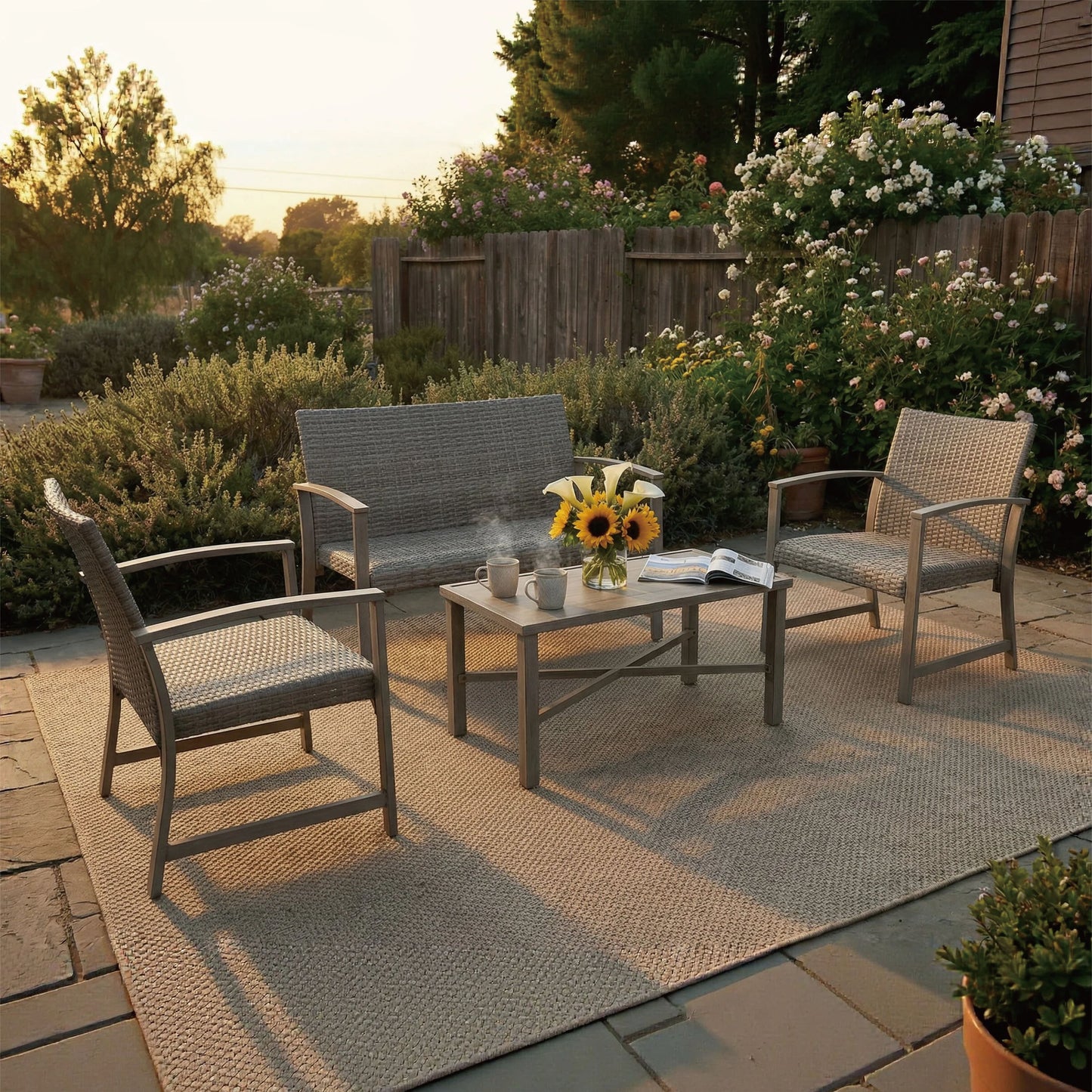 AE Outdoor 4-Piece Wicker Patio Conversation Set with Padded Cushions | Light Grey