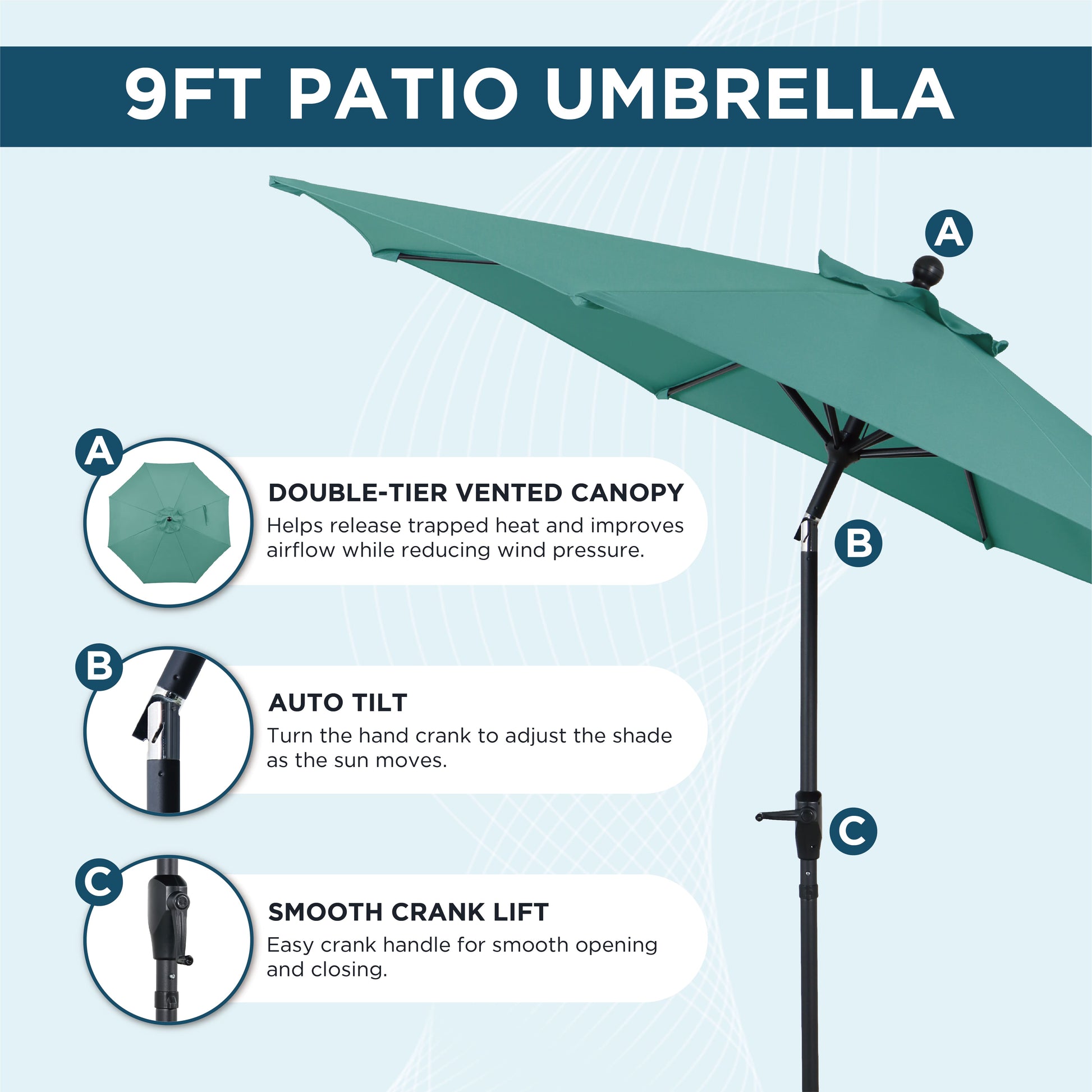 AE Outdoor 9FT Patio Umbrella with Crank Lift & Auto Tilt