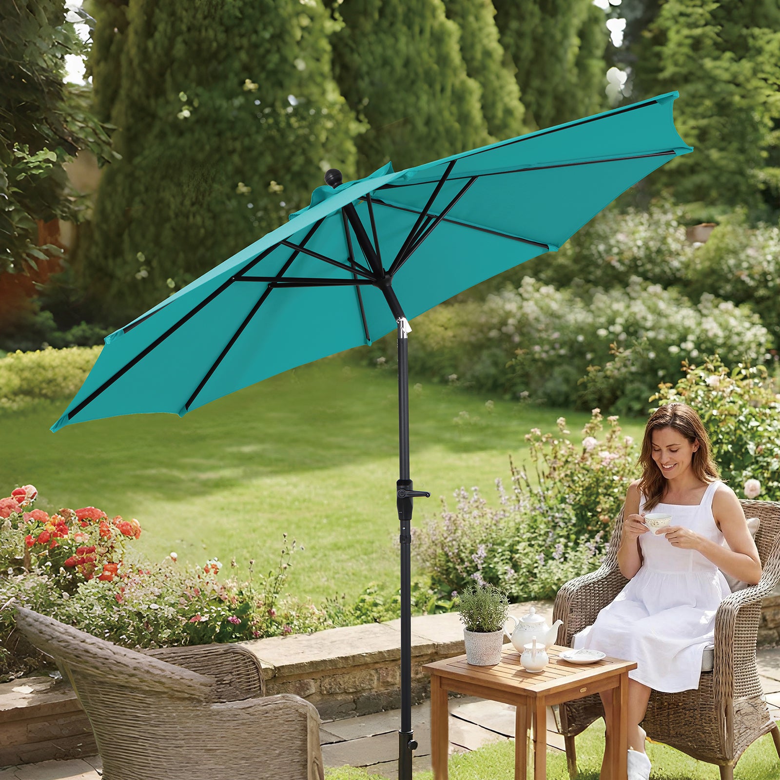 9 patio umbrella with base Deconk 9' X 12' LED Lights Outdoor Cantilever Umbrellas cast iron base 9FT Patio Umbrella with Auto