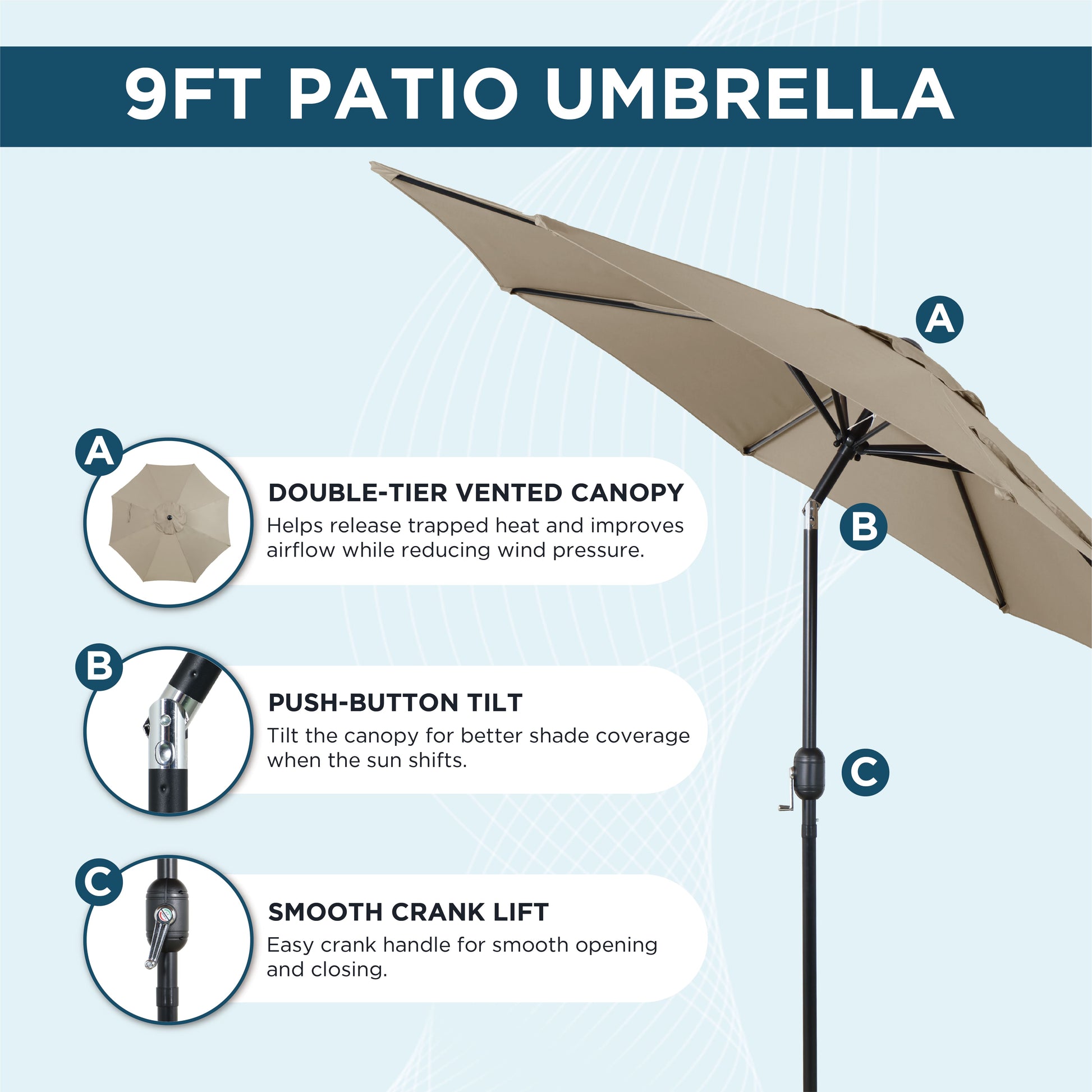 ellimgton 9 ft tiltable patio umbrella 9-Foot Outdoor -Hexagonal Basic Push-Tilt The pole diameter is 1.5 in 9FT Patio Umbrella with Crank