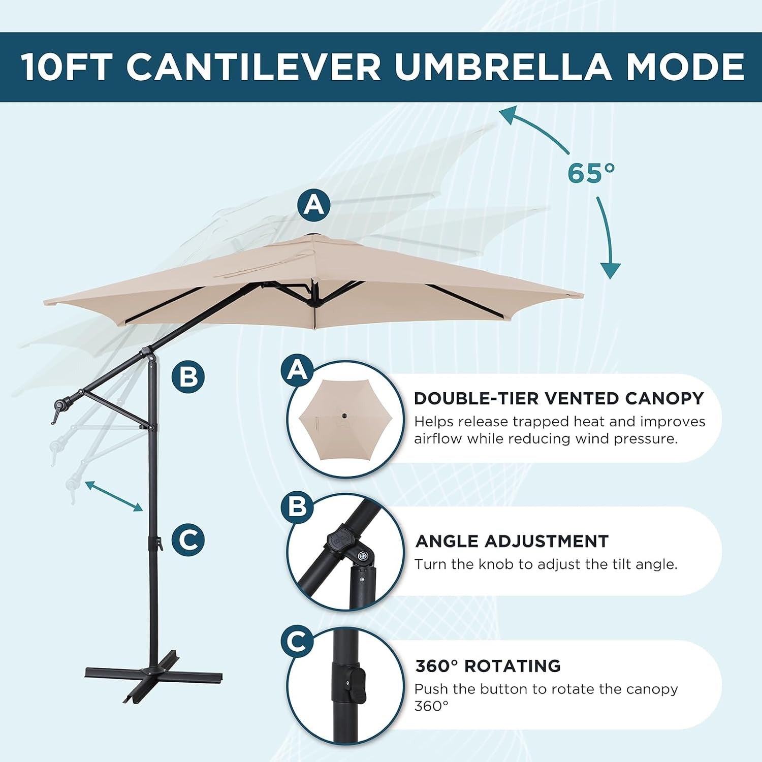 10 ft double vented patio umbrella PHI VILLA 10ft 3 Tier Auto-tilt Outdoor Comes with double vents Gymax 10ft 3 Tier Patio