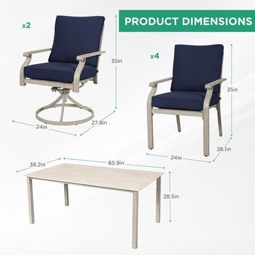 AE Outdoor 7-Piece Patio Dining Set with 4 Dining Chairs + 2 Swivel Chairs With Blue Cushion & white Table