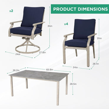 AE Outdoor 7-Piece Patio Dining Set with 4 Dining Chairs + 2 Swivel Chairs With Blue Cushion & Grey Table