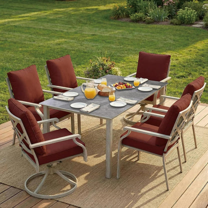 AE Outdoor 7-Piece Patio Dining Set with 4 Dining Chairs + 2 Swivel Chairs With Red Cushions & Grey Table