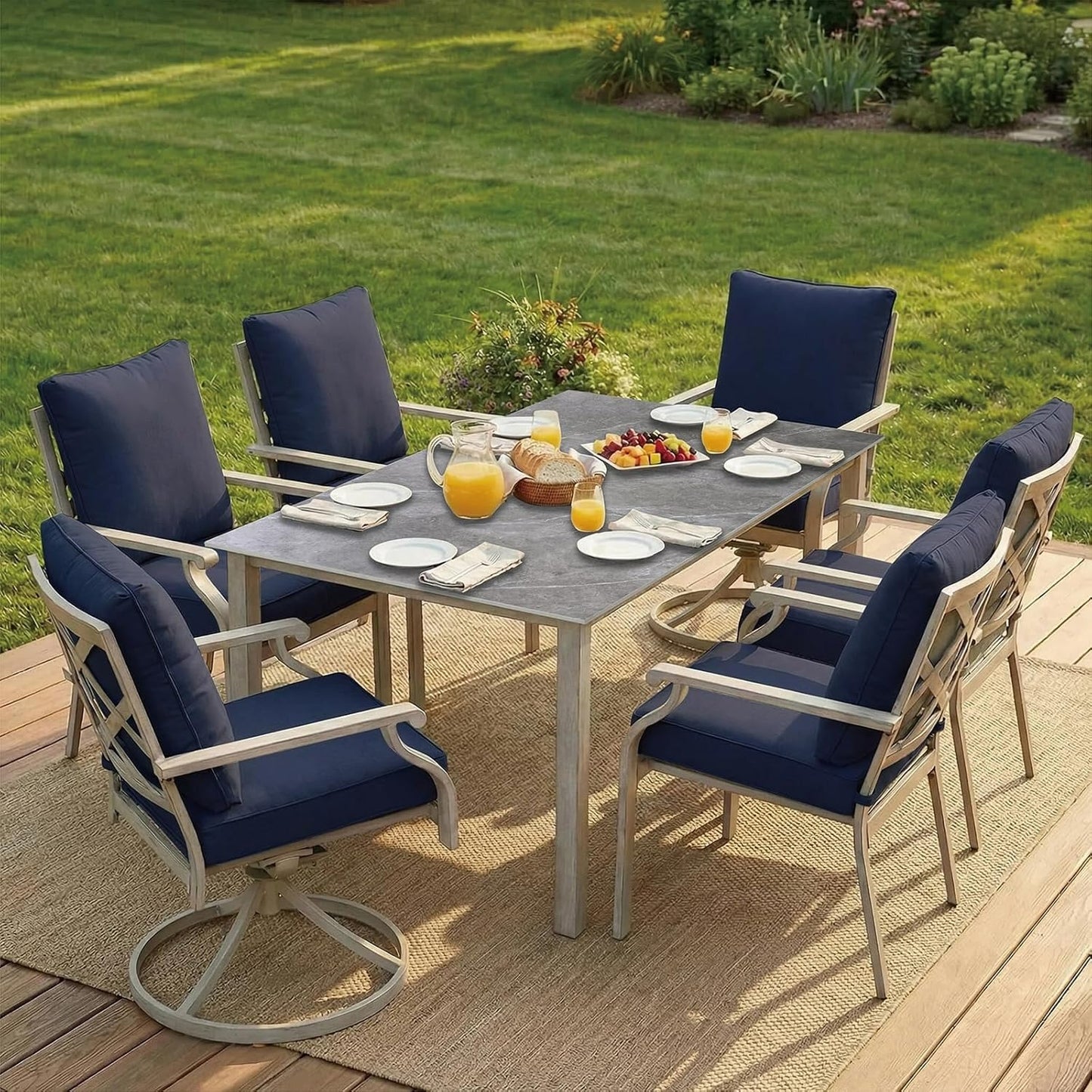 AE Outdoor 7-Piece Patio Dining Set with 4 Dining Chairs + 2 Swivel Chairs With Blue Cushion & Grey Table